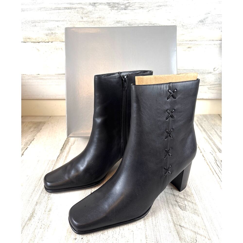 Studio Works Womens 9.5 Black Leather Belle Heeled Ankle Boots NWT